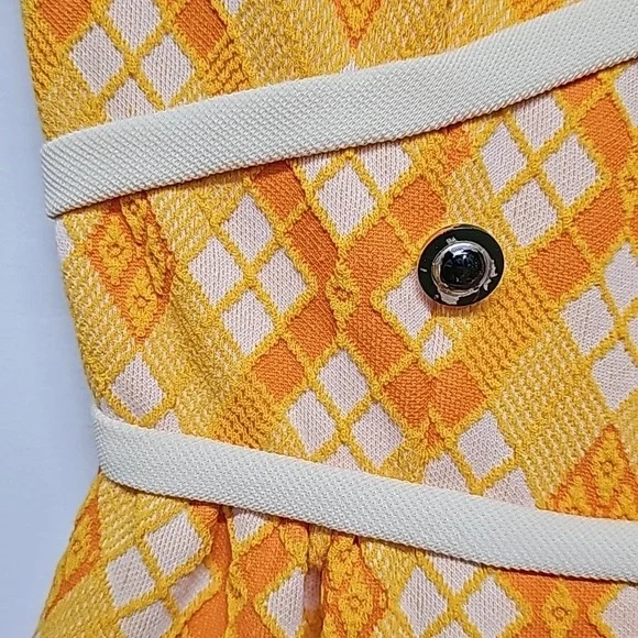 Patty Woodard Vtg 70's argyle dress, yellow orange white, SL, fitted, A-line - Picture 2 of 10